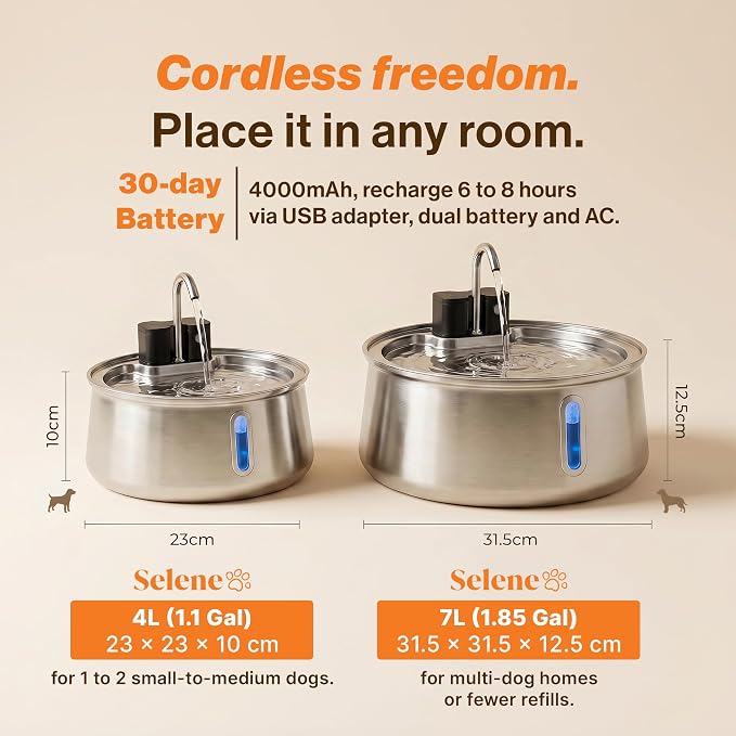 Selene Wireless Doggy Fountain, 4L (1.1 Gal) Cordless Dog Water Fountain for Dogs Inside, Stainless Steel Pet Fountain, 4-Layer Filtration, 30-Day Battery
