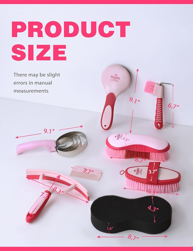 Horse Grooming Kit, 9 Piece Grooming Brush Set with Silicone Curry Comb for Bathing & Shedding Pink Garnet