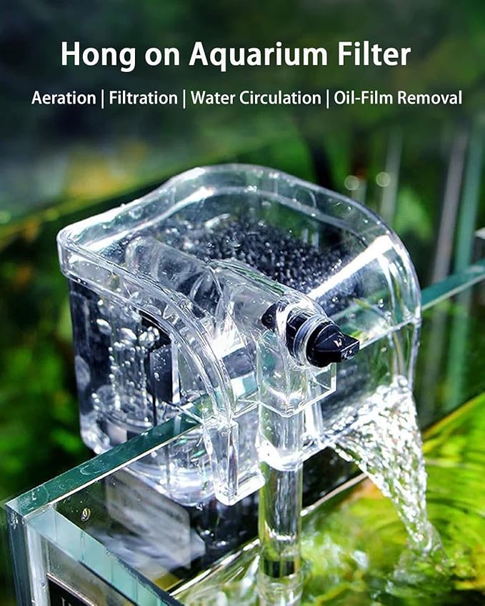 Small Fish Tank Filter, Hang on Filter for 1-5 Gal Nano Aquarium, Ultra Quiet Power Filter with Aeration & Oil Skimmer, Adjustable Flow for Betta Shrimp Tank