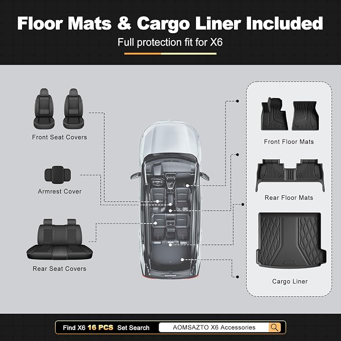 X6 Floor Mats & Cargo Liners Compatible with 2020-2025 2026 BMW X6 | AOMSAZTO All Weather Floor Mats for X6 Accessories Anti Skid Floor Liners Trunk Mat
