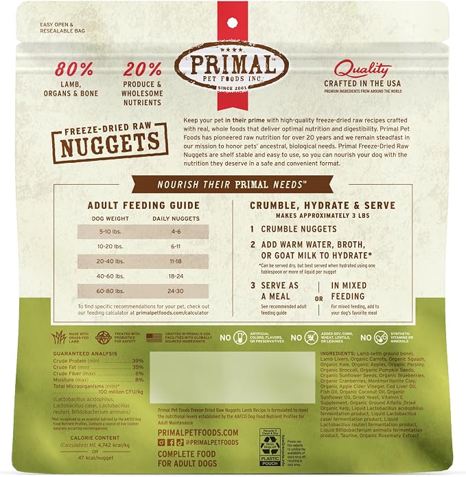 Primal Freeze Dried Raw Dog Food Nuggets, Lamb, Complete & Balanced Meal, Also Use as Topper or Treat, Premium, Healthy, Grain Free, High Protein Raw Dog Food, 14 oz (Pack of 4)