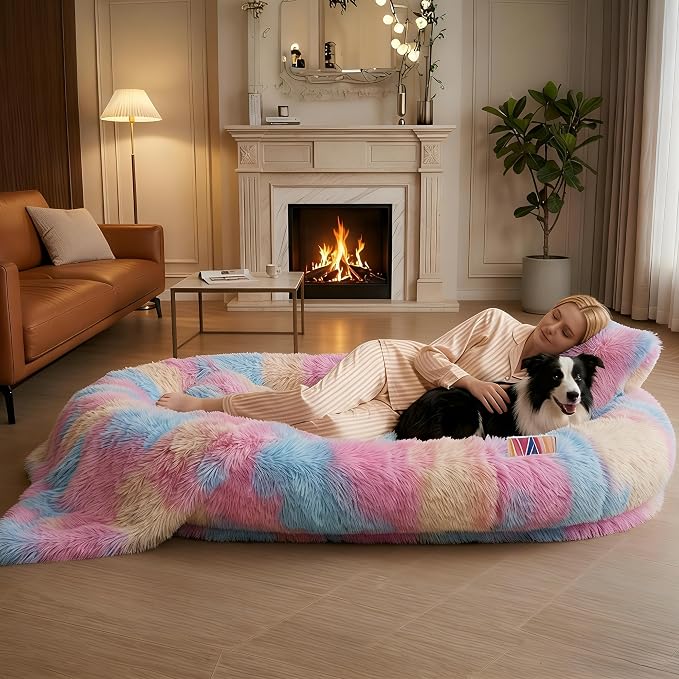 Human Dog Bed, Oversized Plush Lounger Bed with Plump Pillow and Blanket | 71" x 45" x 12" Long Plush Polyester Floor Nest for Relaxing, Napping, Reading, and Family Cuddle Time - Multicolor