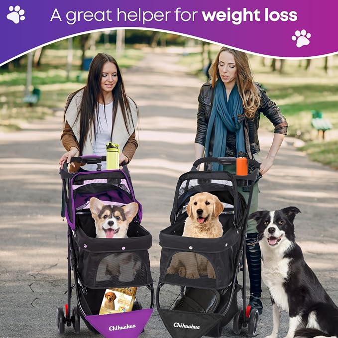 Pet Stroller,Dog Stroller for Small Medium Dogs Cats,3 Wheels,Purple | Foldable,with Breathable Mesh Canopy,Cup Holders,Easy Assembly