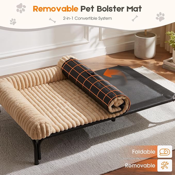 Elevated Dog Bed with Removable Fluffy Pillow Cushion, Raised Pet Cot Washable Bolster, Dog Couch Sofa, Anti Slip Feet, Breathable Mesh, Khaki, 49"×36"