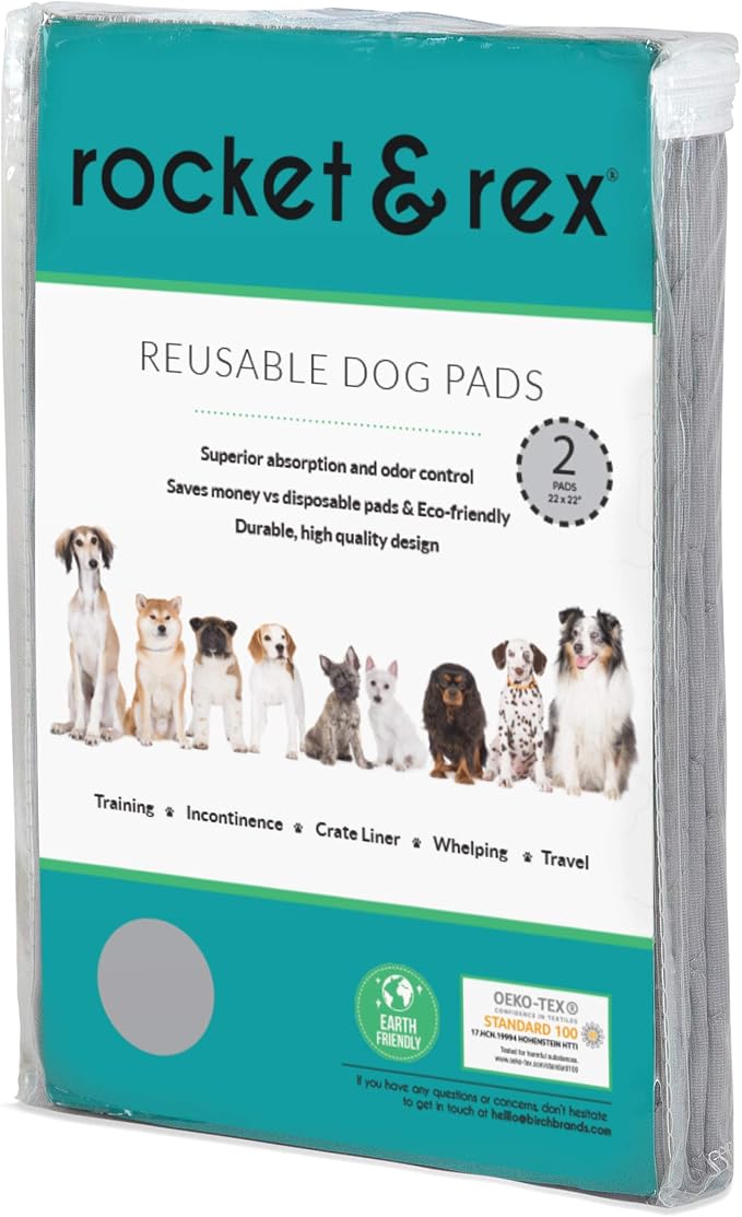 rocket & rex Grey Washable Reusable Pee Pads, Leak-Proof (22x22, 2pk) | For potty training, whelping & crate lining. OEKO-TEX, chemical-free.