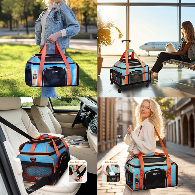 Top-Expandable Pet Carrier with Wheels Airline Approved, Blue | 19"L x 13"W x 9"H, for Southwest Allegiant Airlines, Lockable Safety Zippers and Anti-Scratch Mesh, Pets Under 12 Lbs