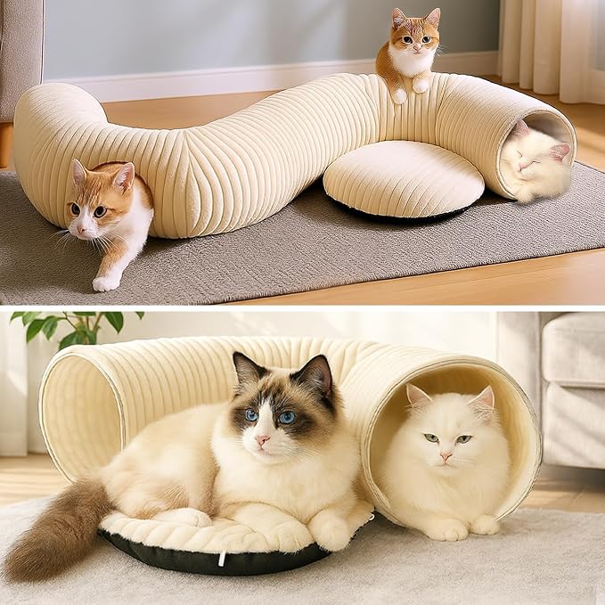 Cat Tunnel Bed with 40 Pcs Interactive Cat Toys, Cat Tube with Kitten Toys for Indoor Kittens, Collapsible Play Tunnel, White