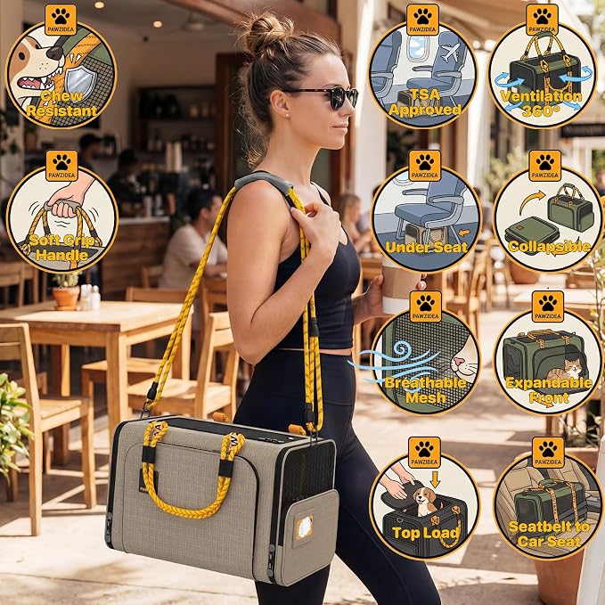PAWZIDEA Expandable Pet Carrier for Small Cats & Dogs, TSA Airline Approved | 18"×11"×11" Soft-Sided Small Dog Travel Bag, Collapsible Top-Load Cat Carrier for 2 Cats Under Seat, Puppy Car Seat Up 15lbs