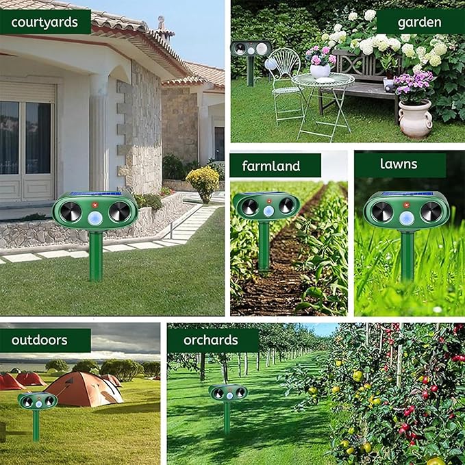 2026 Solar Animal Repellent Outdoor 4 Pack Ultrasonic Squirrel Deer Repellent with Motion Sensor, Waterproof Cat Deterrent Device for Yard Garden Farm, Keep Bird Cat Squirrel Deer Rabbit Away