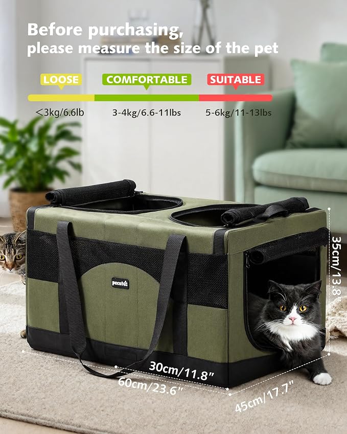 Pecute Cat Carrier, Soft Double Pet Crate for 2 Cats Travel, Green | 5mm Anti-collapse Frame, Convertible Dual Space, Foldable, Polyester Breathable mesh, Up to 26 lbs, Car Travel & Vet Visits
