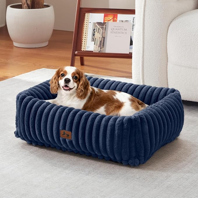 Washable Dog Bed Small Medium Size Dog, Rectangle Orthopedic Pet Bed for Car and Indoor,Fluffy Memory Foam Dog Beds with Anti-Slip Bottom,25 x21 x8 Inches,Navy