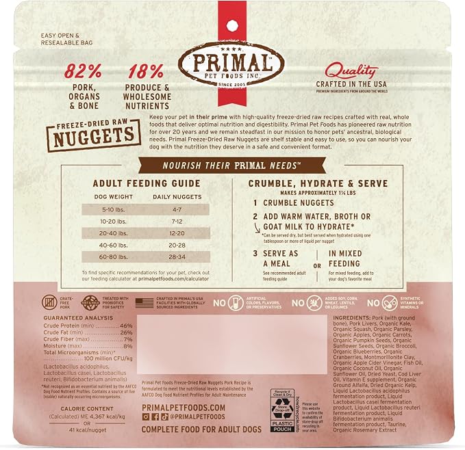 Primal Freeze Dried Raw Dog Food Nuggets, Pork, Complete & Balanced Meal, Also Use as Topper or Treat, Premium, Healthy, Grain Free, High Protein Raw Dog Food, 5.5 oz
