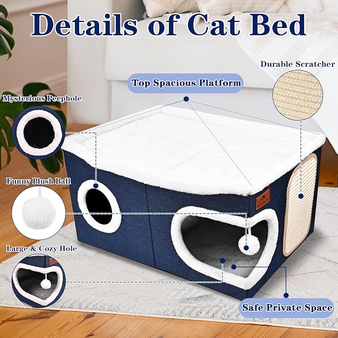 Extra Large Cat Beds for Indoor Cats, Covered Cat Cave Beds & Furniture with Scratch Pad and Fluffy Ball, Foldable Cat Condo Hideaway with Reversible Cushion for Multi Small Pet Large Kittens, Blue