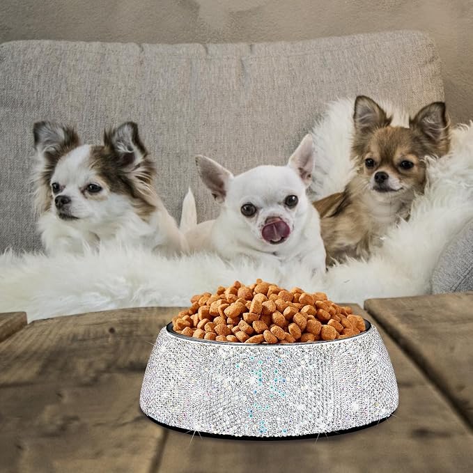 SlowVibes Bling Stainless Steel Dog Cat Bowl, Detachable, 7 oz | Rhinestone metal food or water bowl for small dogs and cats, rust-resistant non-slip puppy dish, sparkle pet essential