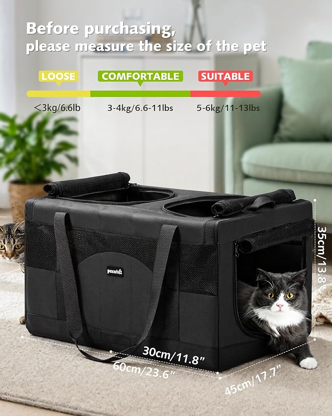 Pecute Cat Carrier, Soft Double Pet Crate for 2 Cats Travel, Dark Gray | 5mm Anti-collapse Frame, Convertible Dual Space, Foldable, Polyester Breathable mesh, Up to 26 lbs, Car Travel & Vet Visits