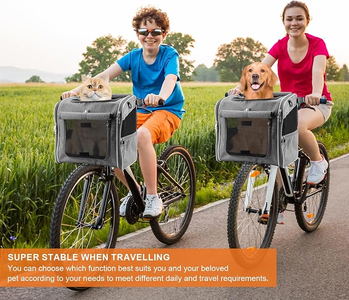 Xixter Dog Basket for Bike, Suitable for Small & Medium Pet Up to 10 kg, Foldable 4-in-1 Pet Bike Basket, Crossbody, Shoulder and Car Seat, with Sturdy Bracket and 4 Mesh Windows, Gray
