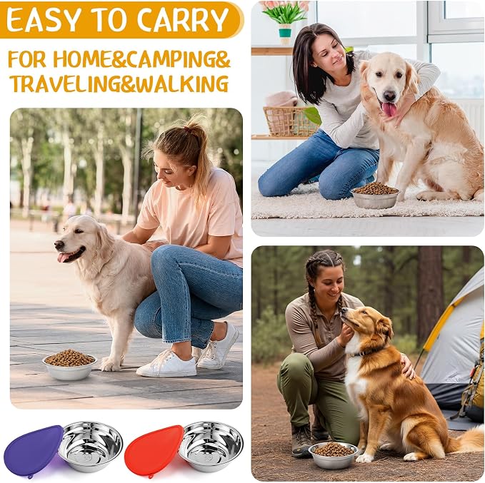 Patelai 4 Pcs Stainless Steel Dog Bowls 7.9" with Silicone Lids Portable Food and Water Dishes for Pets Sealable Containers for Small Medium Dog Cat Indoor (Red,Purple)