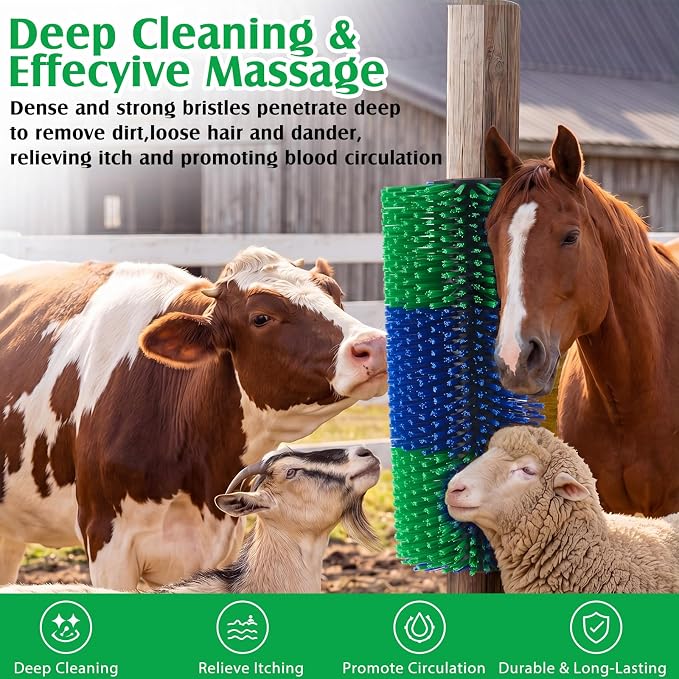3 Pack Livestock Scratching Brush, Blue and Green | Animal Scratcher, Itch Relief Grooming, Horse Goat Cow Scratcher, Fence Post Mounting, Durable Bristles, Farm Livestock Care