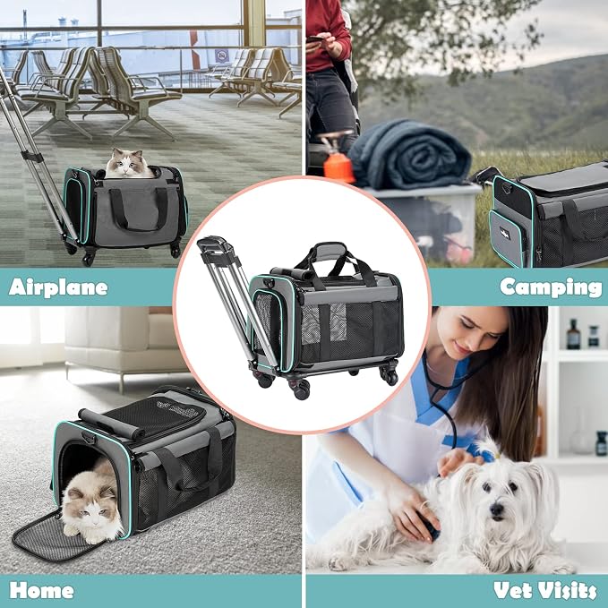 Paw Ballet Pet Carrier with Wheels, Durable Airline Approved Cat Crate, Foldable Rolling Dog Carrier, Rolling Bag for Cat &Dog, Use for Travel, Outdoor, Vet Visits, Camping, Indoor.