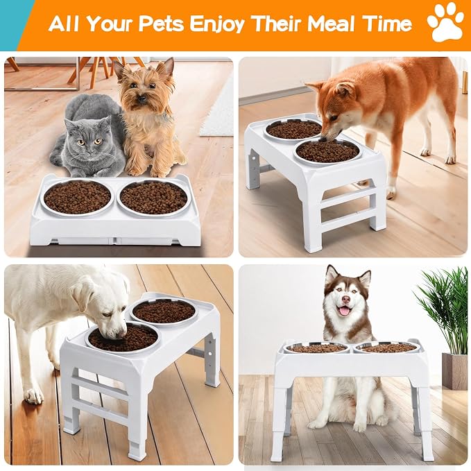 COMESOON Elevated Dog Bowls, 4 Height Adjustable Raised Bowl Stand with 2 Thick 50oz Stainless Steel Food Bowls Non-Slip Feeder Adjusts to 3.7'', 9.2'', 10.75'', 12.36'' White