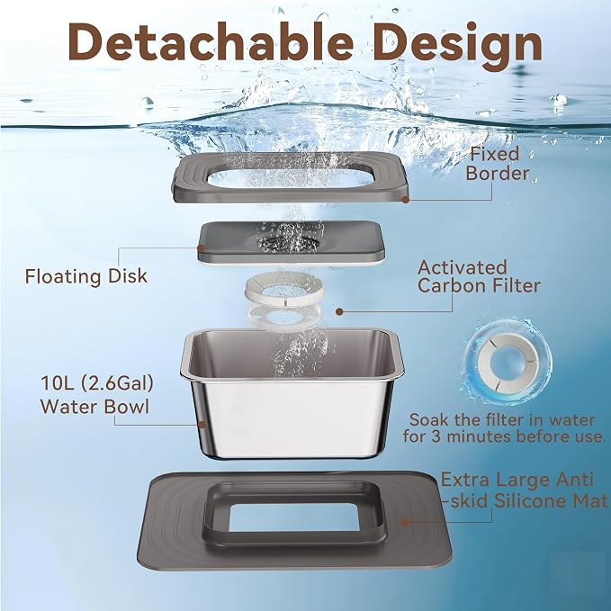 10L No Spill Dog Water Bowl Stainless Steel for Messy Drinkers | Large Capacity Slobber Stopper, Slow Drinking Anti Splash Design, XXL Silicone Mat, For Large Dogs & Multi-pet Homes, Grey