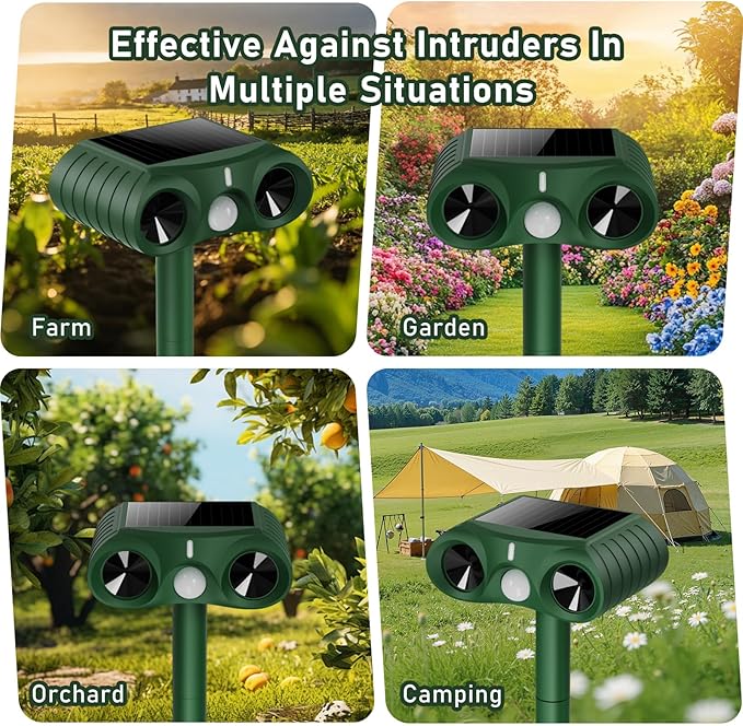 2026 Upgraded Ultrasonic Solar Animal Repellent Outdoor,USB-C Charging and Wall-Mounting Capability with Motion Activated,for Deer Cat Squirrel Raccoon Rabbit Dog Garden Yard