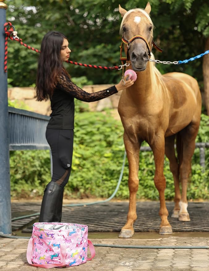 Harrison Howard Complete Horse Grooming Set, 11-Piece Advanced Daily Grooming Tools with Extra Brushes for Full Horse Care Pink Brushstroke Ponies