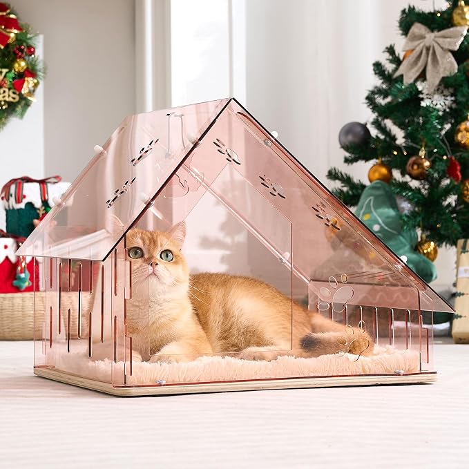 Acrylic Cat House for Indoor Cats, Transparent Cat Bed Cave with Plush Cushion & Hanging Toys, Modern Ventilated Cat Condo with Sturdy Wooden Base for Adult Cats & Kittens up to 12 lbs, Pink
