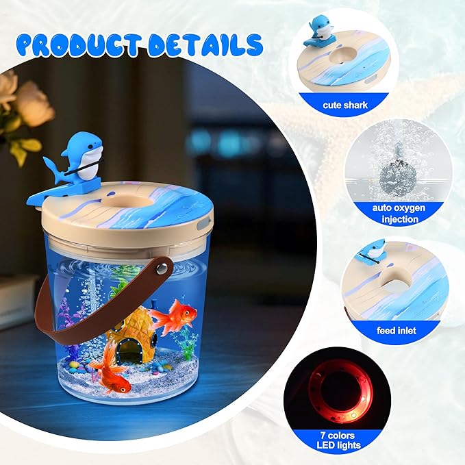 Portable Mini Fish Tank, Rechargeable,with Air Pump Oxygenation, and Multi-Color Automatic Switching LED Lights. 0.3 Gallon Plastic Aquarium for Travel