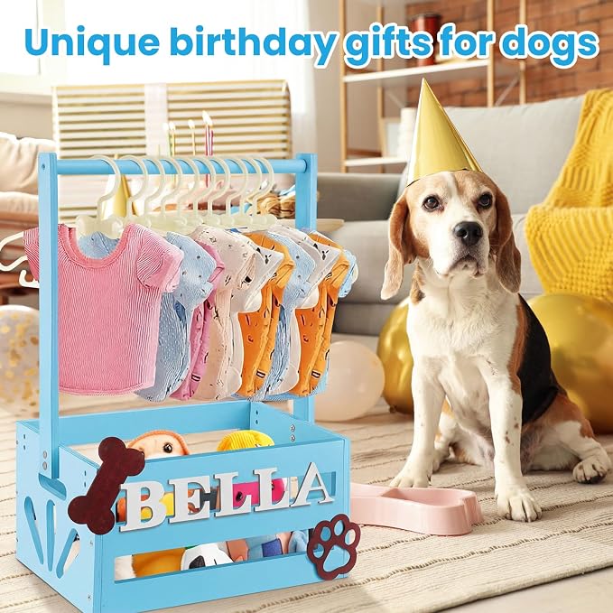 Teenyyou 20" x 13" x 9" Wooden Dog Closet Pet Wardrobe Crate Box with Hanging Rods and Personalized Alphabet Letters Easy Assembly Baskets for Dog Cat Toys Clothes Accessories(Blue)