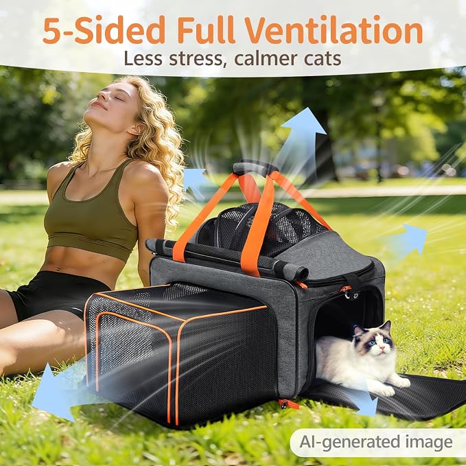 Soft Sided Cat Pet Dog Carrier, Large Airline Approved Travel Bag | Top Loading Breathable Mesh, Foldable Expandable Design, Fits Kittens & Puppies Up to 15 Lbs, Comfy for Transport Scenarios