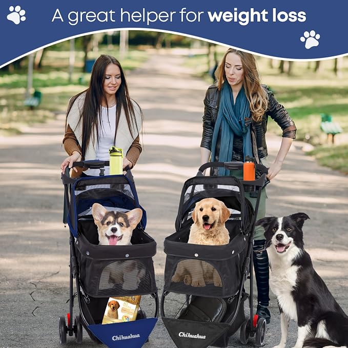 Pet Stroller,Dog Stroller for Small Medium Dogs Cats,3 Wheels,Navy Blue | Foldable,with Breathable Mesh Canopy,Cup Holders,Easy Assembly