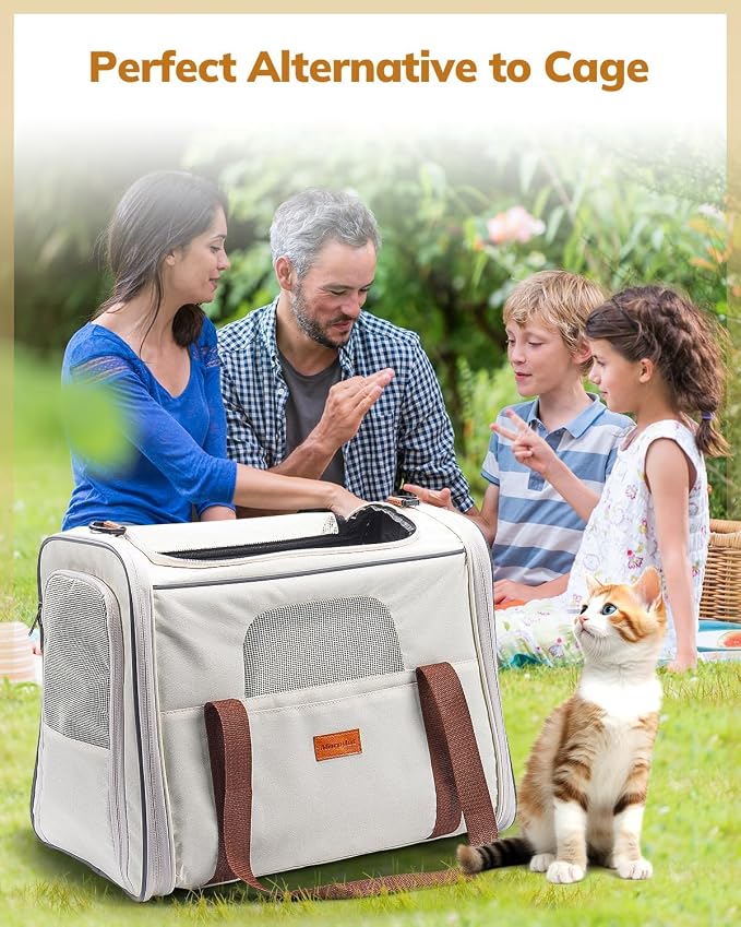 Morpilot Pet Carrier for Large Cats, Puppies & Small Dogs Up to 25lbs | Escape-Proof with Locking Zippers, Dual-Sided Cushion, Safety Buckle for Car & Vet Travel, Includes Foldable Bowl (Beige)