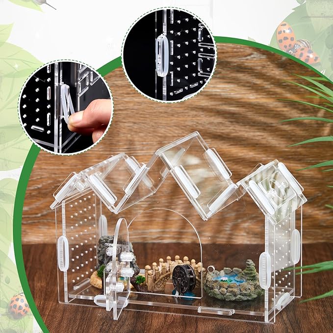 Weysat Jumping Spider Enclosure 7.5" x 3.15" x 5.3" Acrylic Tarantula Enclosure Castle Style Insect Terrarium with Magnetic Door Transparent Terrarium for Reptiles, Amphibians and Spiders