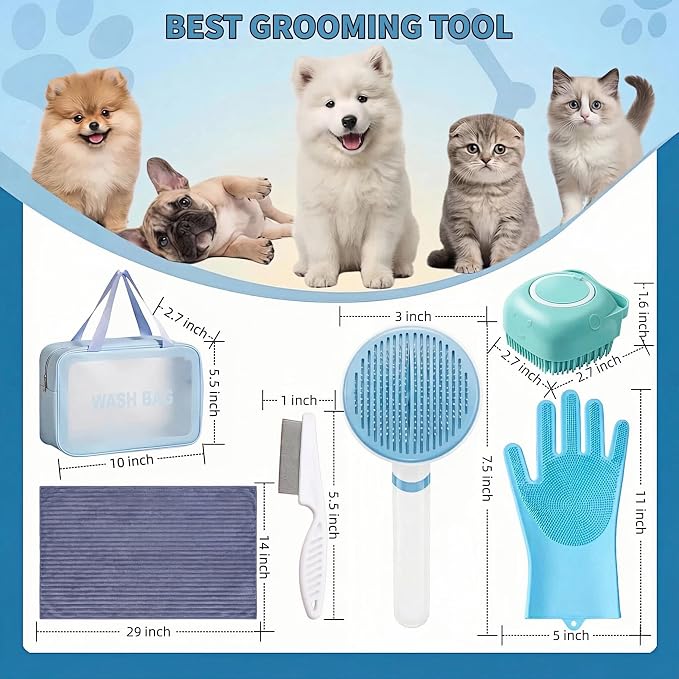 6PCS Dog Bath Kit & Dog Brush Kit for Dogs & Cats - Professional Pet Grooming Tools Set with Shedding Brush, Bath Scrubber, Dematting Comb & Storage Bag - Complete Dog Washing Essentials, Blue