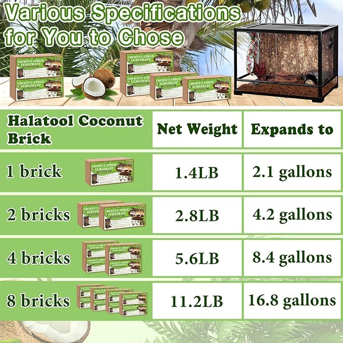 Halatool 8 Pack Compressed Coconut Fiber Substrate for Reptile, 100% Organic Premium Coconut Husk Substrate Terrarium Bedding for Tortoises Beard Dragon Leopard Gecko Snake Tarantula Worm Bins