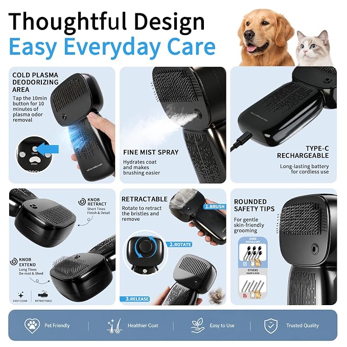 Dog Odor Remover Brush for Dogs & Cats, Cold Plasma Pet Freshening Brush, Helps Reduce Pet Smell Between Baths, Deshedding Comb with Rotating Adjustable Stainless Steel Pins