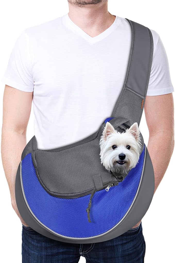 YUDODO Pet Sling Carrier for 10-15 lbs Small Dogs Puppy Crossbody Carrier | Hands-Free, Safety Hook, Large Zipper Pocket, Soft Breathable Mesh, Adjustable Strap, Reflective Strip, Blue, L