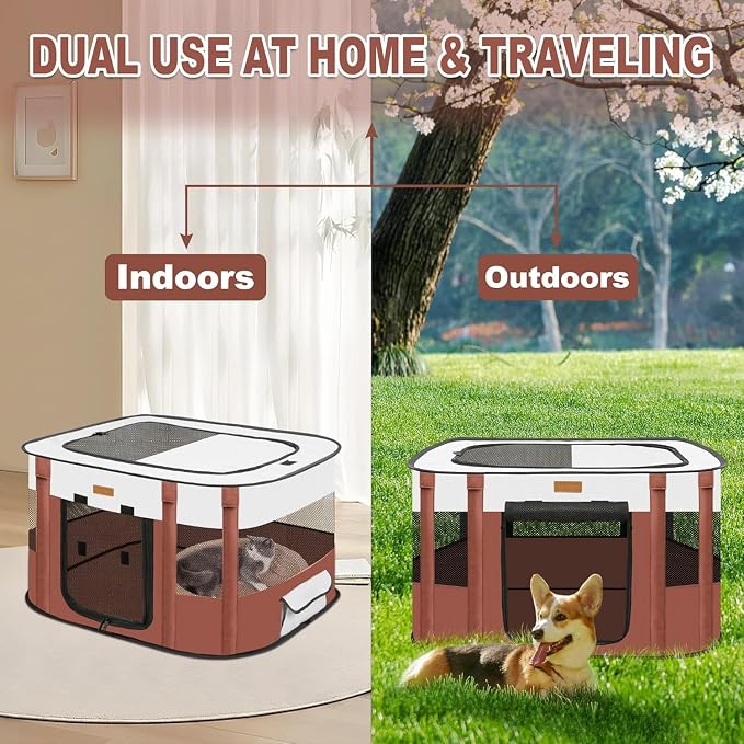 Dog Playpen - Foldable Cat Play Pens for Pubby,Kitten, Rabbit,Portable Pet Tent with Carring Bag for Indoor/Outdoor Travel Camping (Brown-Large)