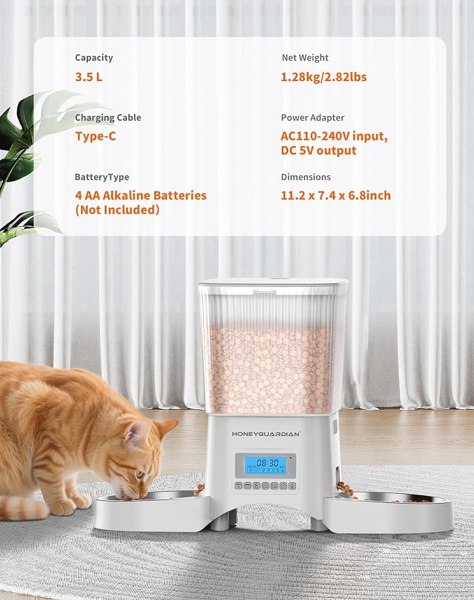 HoneyGuaridan Automatic Cat Feeder for 2 Cats,Automatic Cat Food Dispenser,Timed Pet Feeder for Cats and Dogs,Desiccant Bag, Programmable Portion Control,10s Voice Recorder
