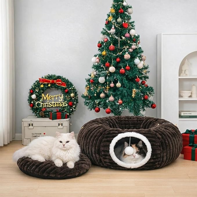 Dogpals Cat Tunnel Bed Cave 33" Lx10 Wx10 H for Indoor Cats (Coffee) | Washable Cozy Cushion, Soft Striped Plush Fabric, Hideaway Peekaboo Cave for Kittens, Puppies, Rabbits & Small Pets