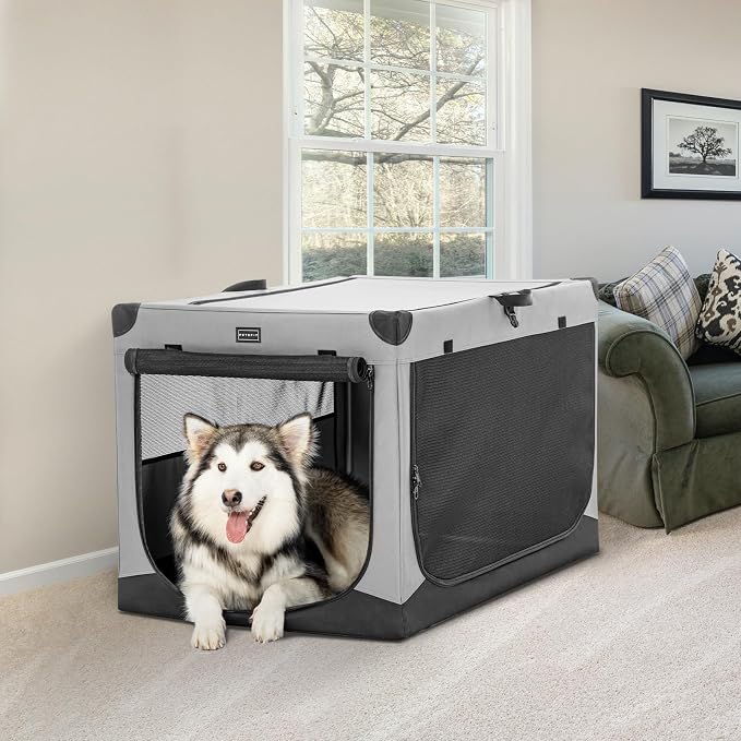 PETSFIT 40" Soft Portable Dog Crate – Patented Spiral Sturdy Frame, Collapsible Travel Kennel for Large Dogs, 3 Mesh Door, Lockable Zippers, Indoor & Car Use Gray