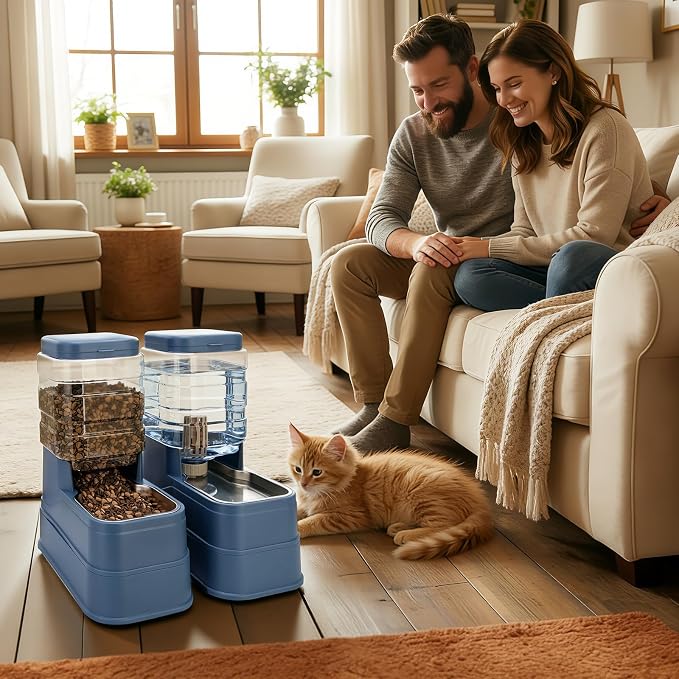 Automatic Cat Feeder and Water Dispenser with Stainless Steel Bowl with Ice Pack Gravity Food Feeder and Waterer Set Feeding Raised Bowls with Filter for Dog 1.3 Gallon x 2(Blue)