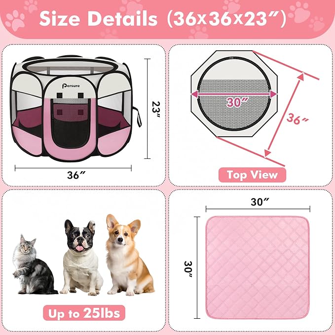 Persure Dog Cat Pet Playpen Puppy Crate Cage for Indoor Outdoor Travel | Nursing Rest Zone Recovering Pet Quarantine Room Portable Pop Up Easy to Set up lightweight Bag (Pink with Pad, Medium)