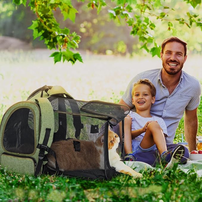 Petsfit Expandable Cat Backpack Carrier for Cats and Small Dogs, 18 lb | 65% expandable rest zone, padded waist belt, airflow back panel, locking zippers, safety tether and washable dual-sided mat.