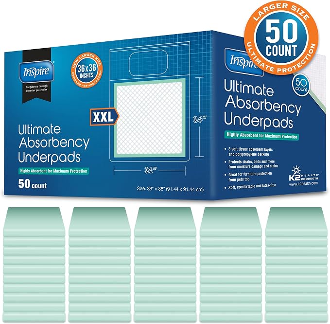 Inspire Super Absorbent Disposable Bed Pads for Chronic Incontinence Ultra Thick and Absorbent Bed Pads Disposable Adult | Pee Pads for Adults (36" X 36" Pack of 50) XX Large