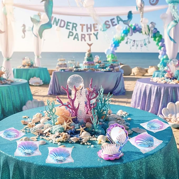 LemonRoad 24 Sets Mermaid Party Favors Shell Hair Brush with Mirror Card, Foldable Mini Travel Compact Hair Brush for Women Birthday, Bachelorette, Under The Sea, Beach Party Gifts(Gradient Colors)