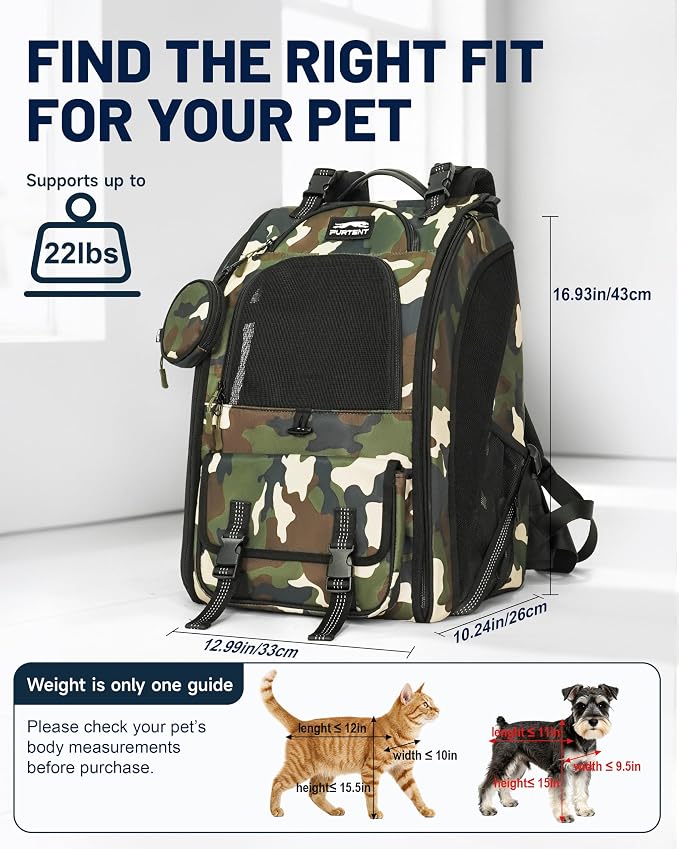 Dog Backpack Carrier with Ergonomic Support, Padded Straps and Ventilation, Hiking Pet Backpack with Safety Tethers, Reflective Trim and Waist Support, Up to 22lbs