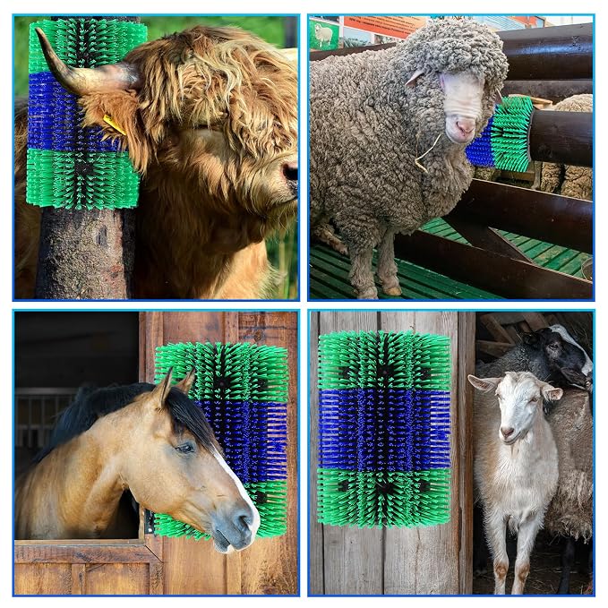 Extra Large Size Livestock Scratching Brush, Upgraded Horse/Goat/Cow/Cattle Scratcher Brush for Grooming, Itch Relief Horse Scratcher Brushes Kit with Two Sets of Mounting Screws(2-Pack,Green)