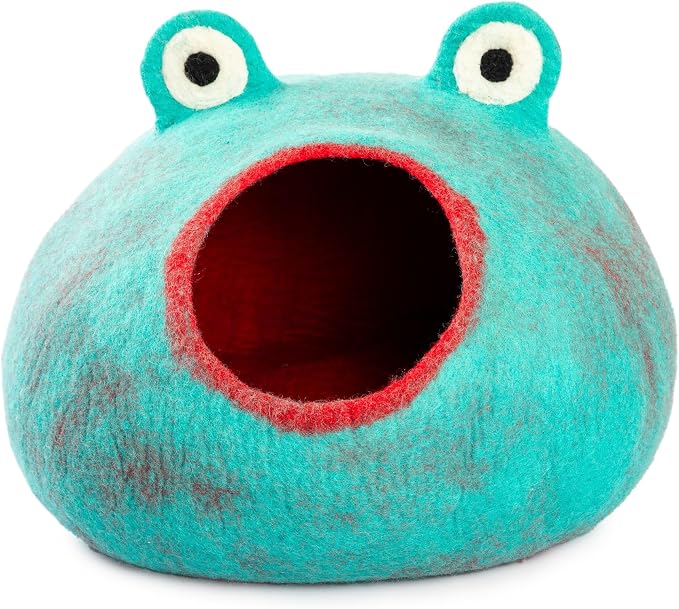 Luxurious Merino Wool Cat Cave - Foldable Hideaway Pod for Indoor Cats - Premium Felt Kitten Pet Enclosure - Covered Cat House for Ultimate Cozy Comfort by Woolygon (Turquoise Frog)